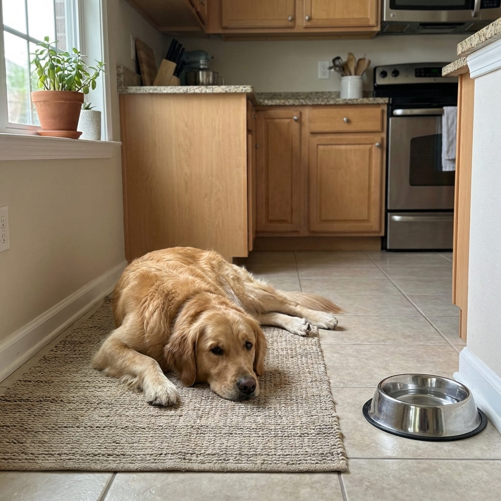 A dog lying relaxed on a mat in a kitchen while a food bowl sits several feet away