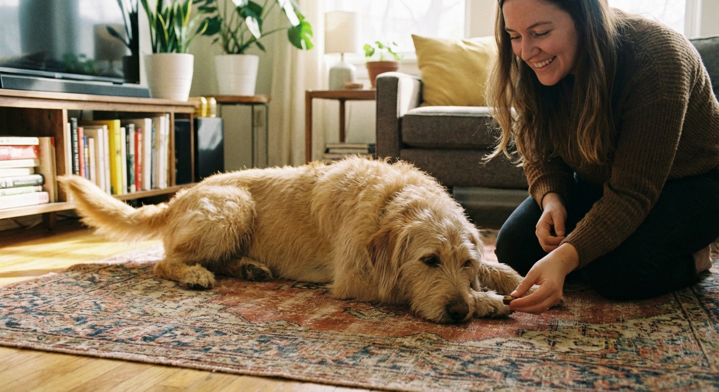 A dog lying relaxed on a mat while its owner offers a small treat