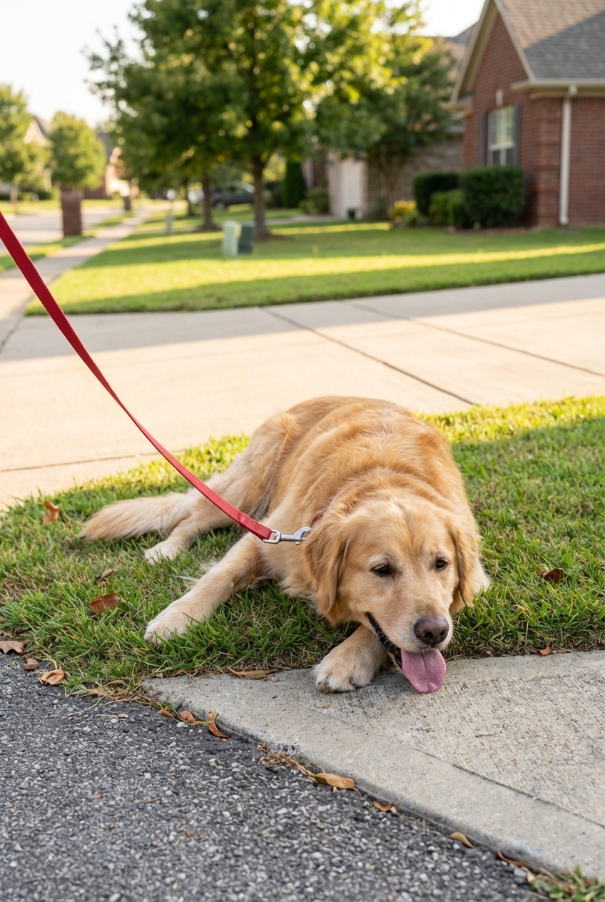A dog on a leash during a neighborhood walk pausing to rest and looking less energetic