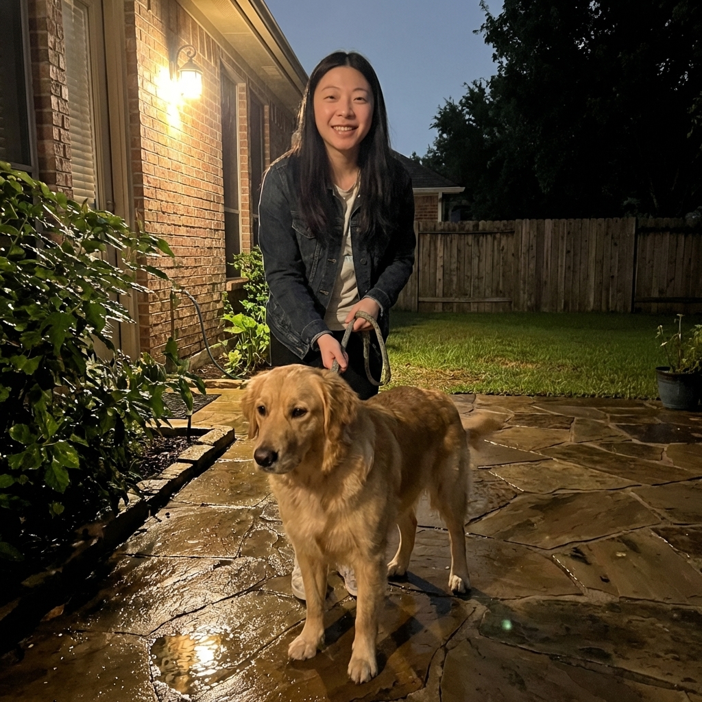A dog on a leash in a Texas backyard at night with a porch light on and damp patio stones after rain, realistic photography style