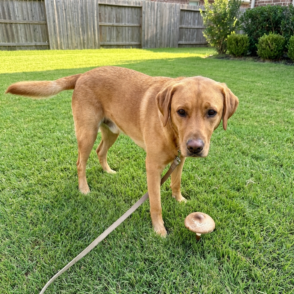 A dog on a leash in a grassy yard with a small wild mushroom growing nearby