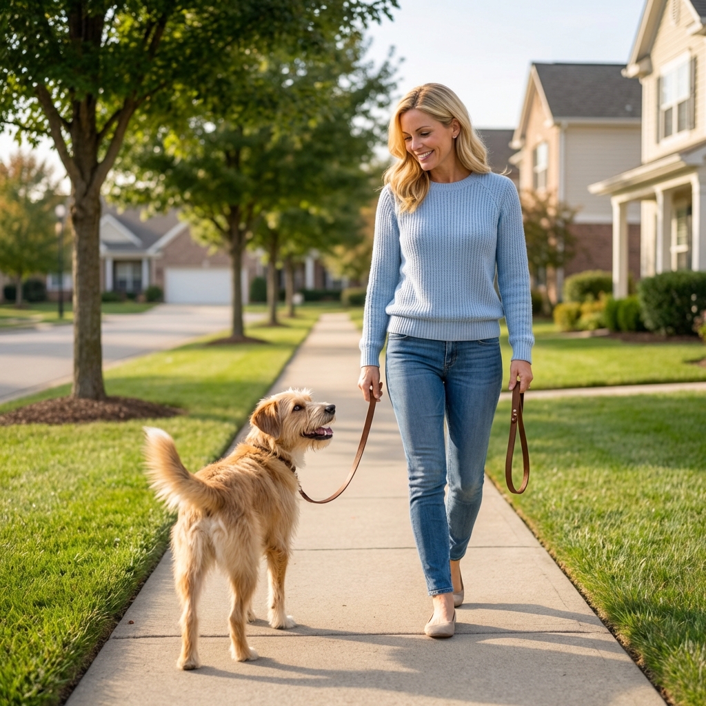 A dog on a leash looking back at an owner during a walk on a quiet suburban sidewalk