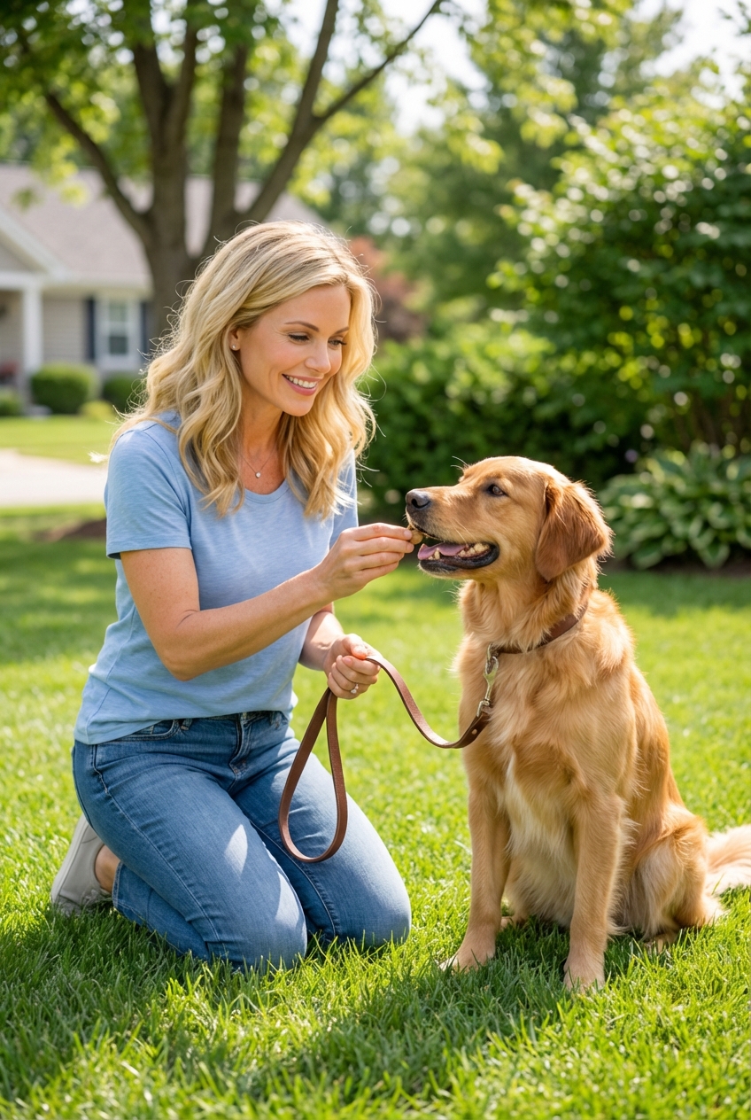 A dog on a leash outdoors near grass while a person holds treats