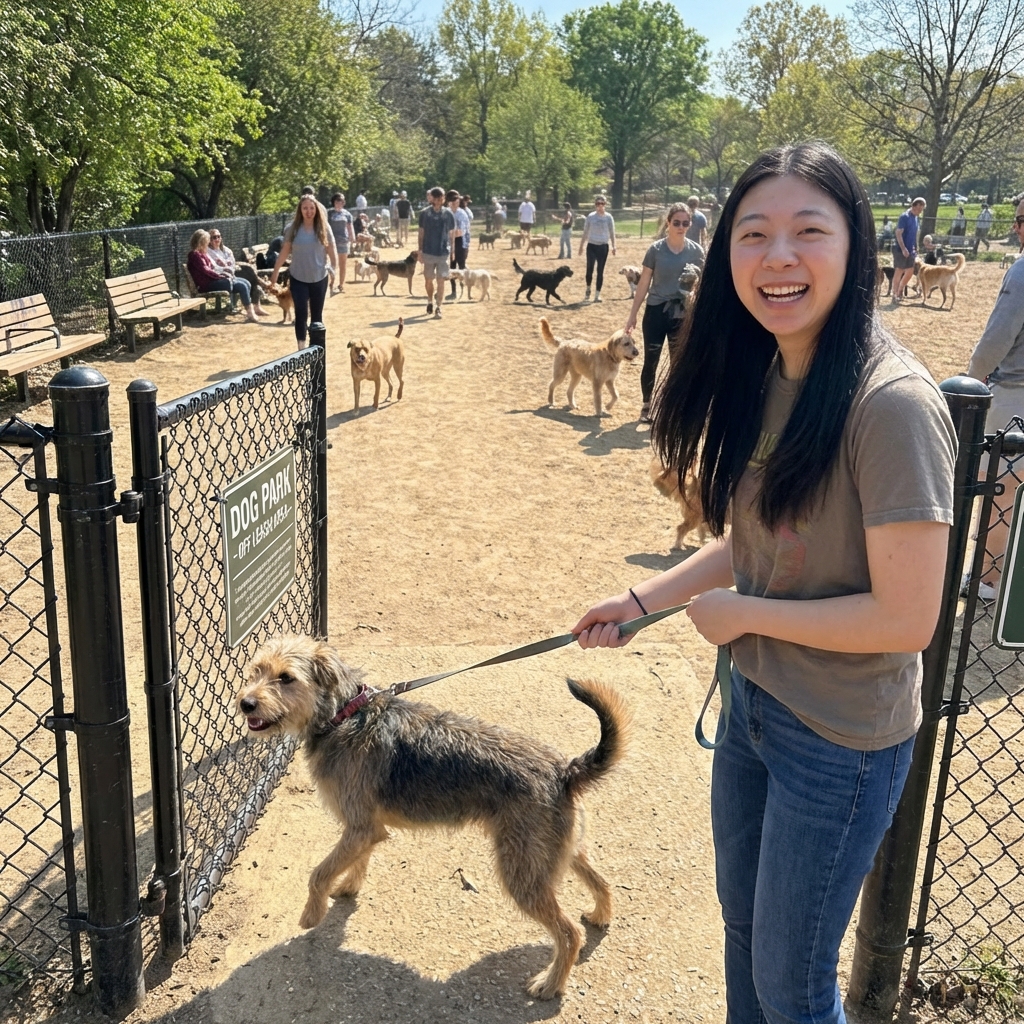A dog on a leash outside a busy dog park entrance