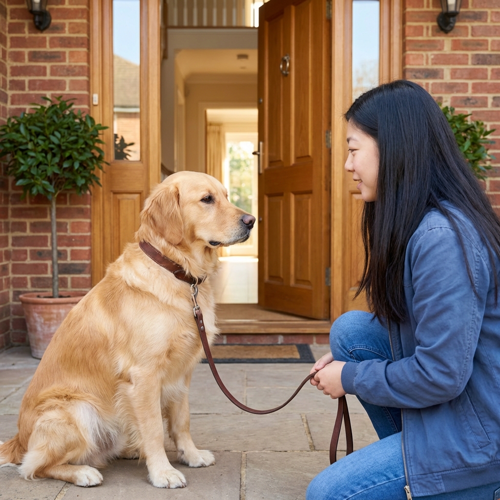 A dog on a leash practicing calm behavior a few feet from an open front door