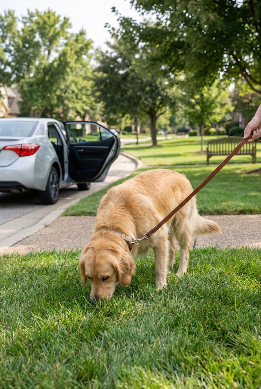 A dog on a leash sniffing grass at a quiet neighborhood park after getting out of a car