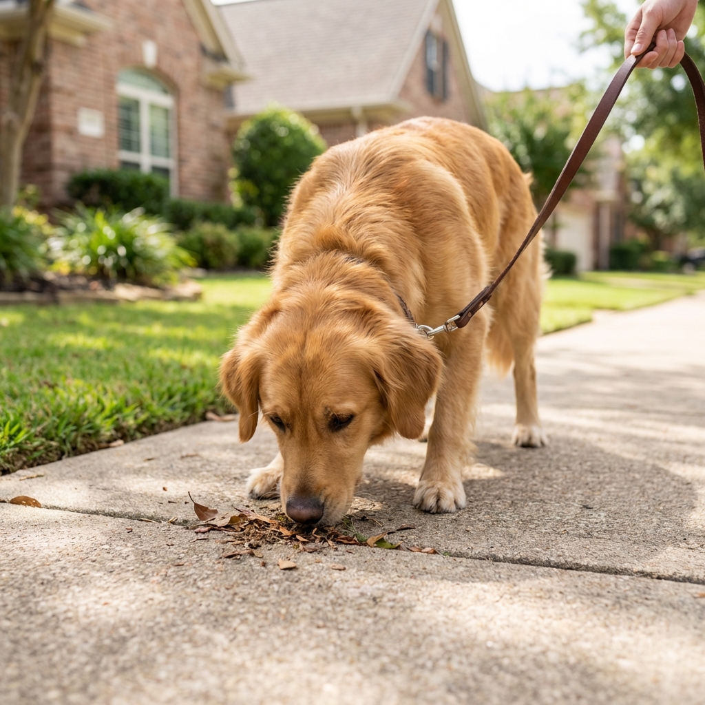 A dog on a leash sniffing the ground closely on a neighborhood sidewalk