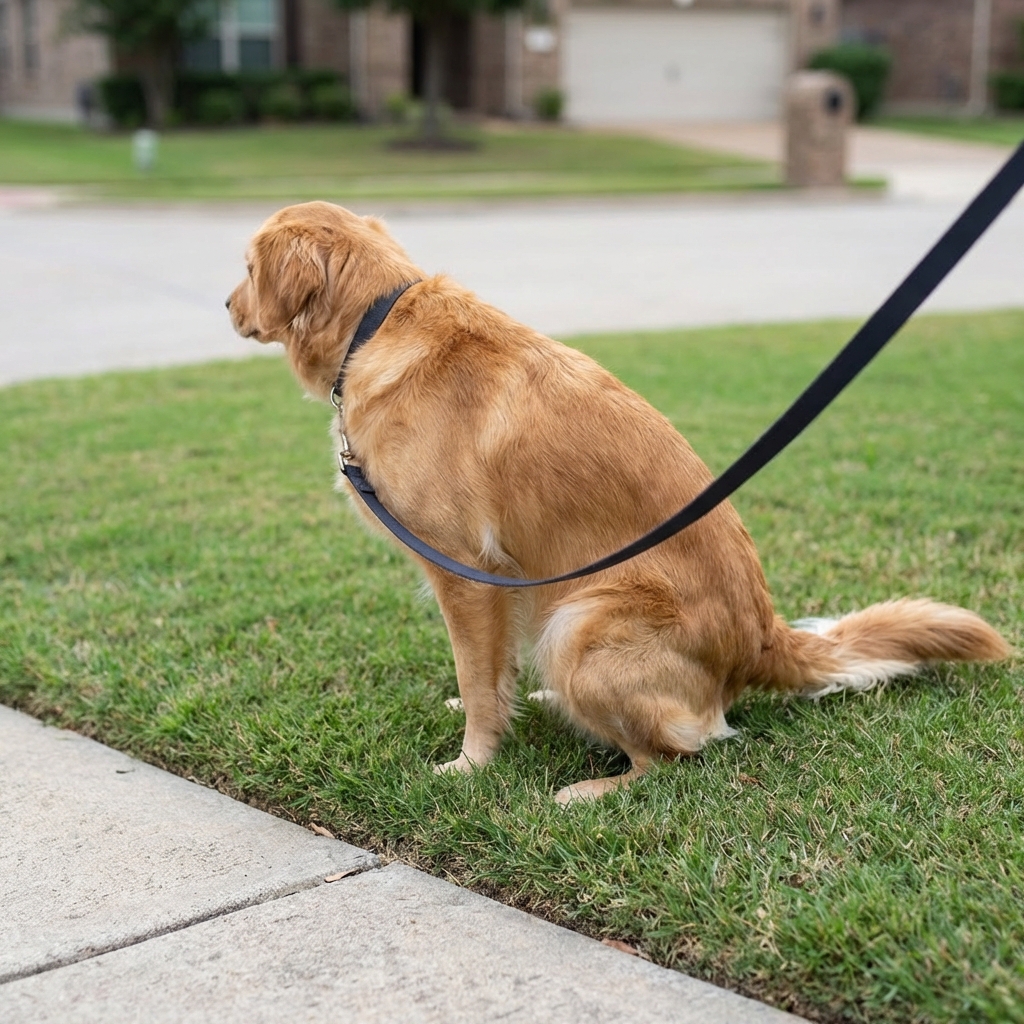 A dog on a leash taking a calm potty break on grass near a sidewalk