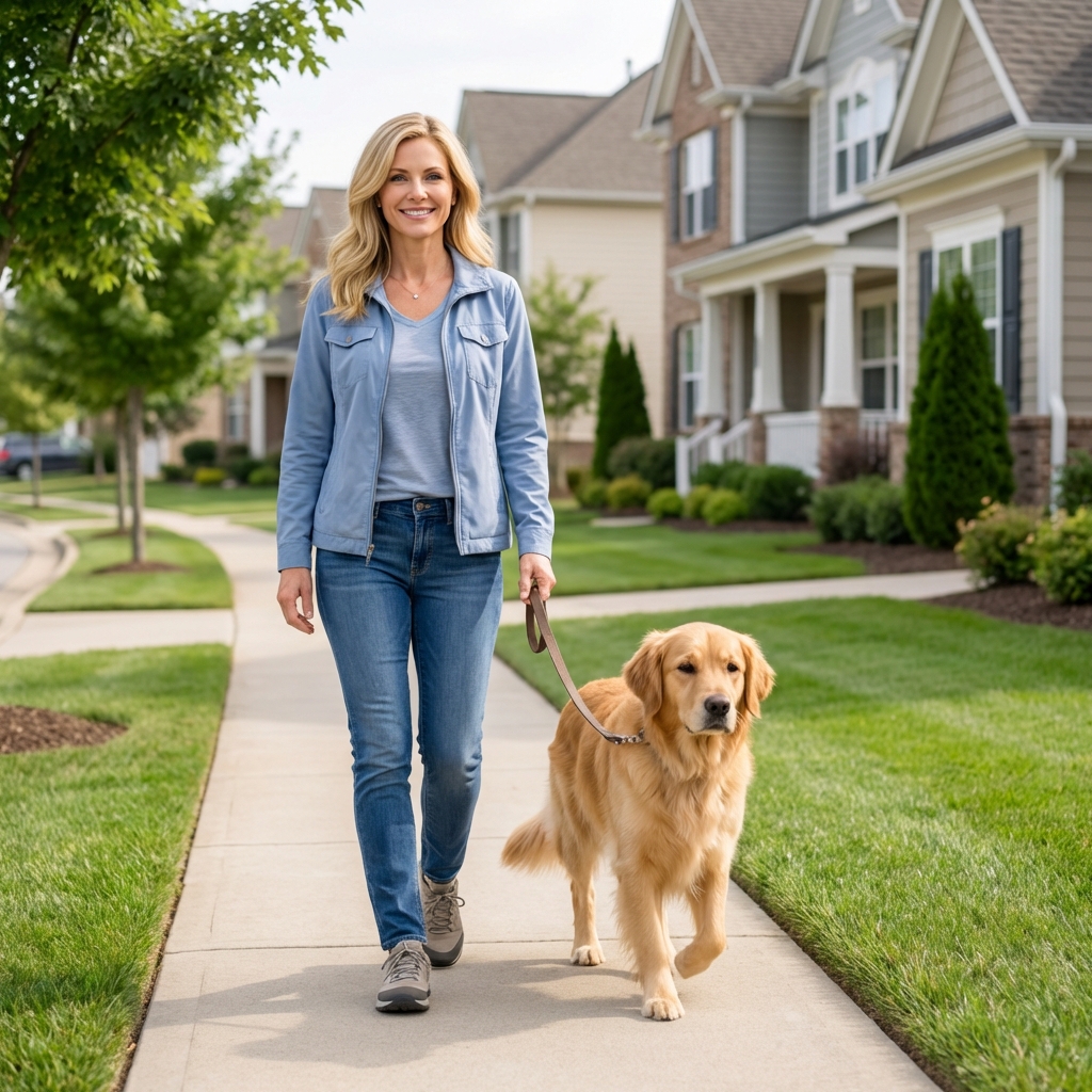 A dog on a leash walking calmly beside its owner on a suburban sidewalk
