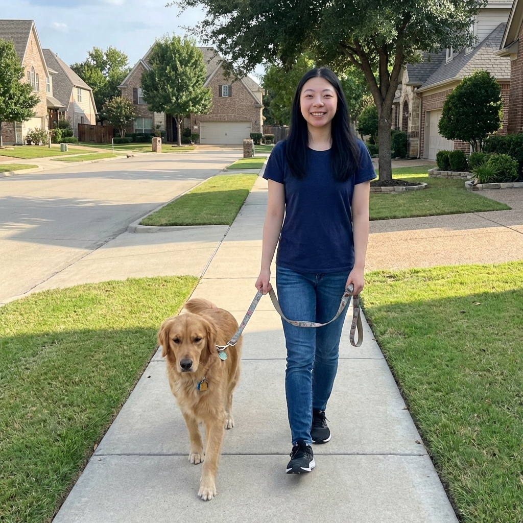A dog on a leash walking calmly beside its owner on a clean neighborhood sidewalk