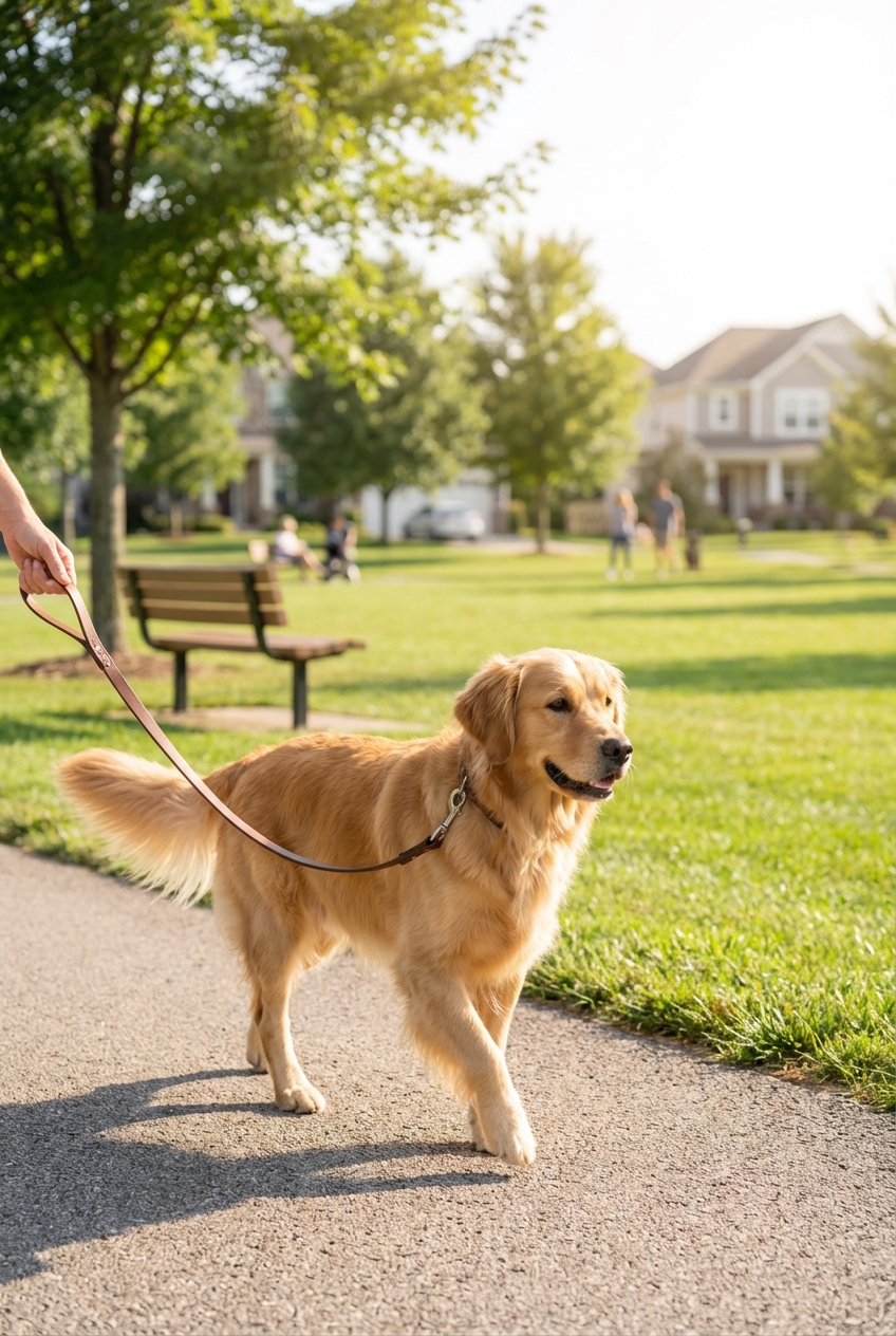 A dog on a leash walking calmly in a neighborhood park on a sunny day