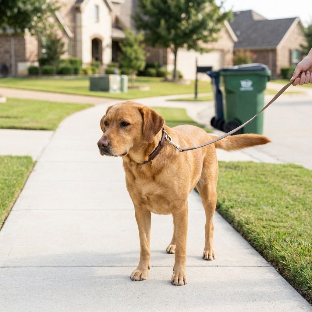 A dog on a leash walking calmly on a clean suburban sidewalk with a trash bin in the background