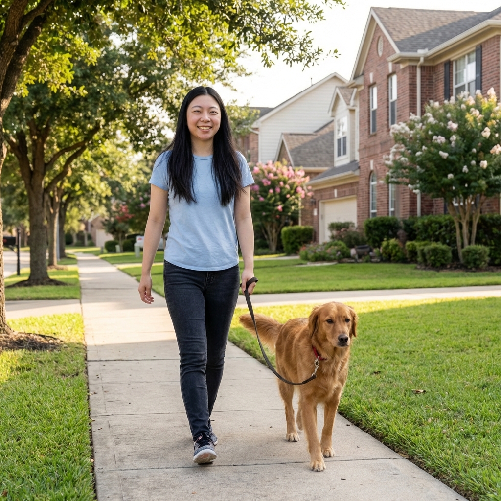 A dog on a leash walking calmly on a sidewalk beside its owner in a quiet neighborhood
