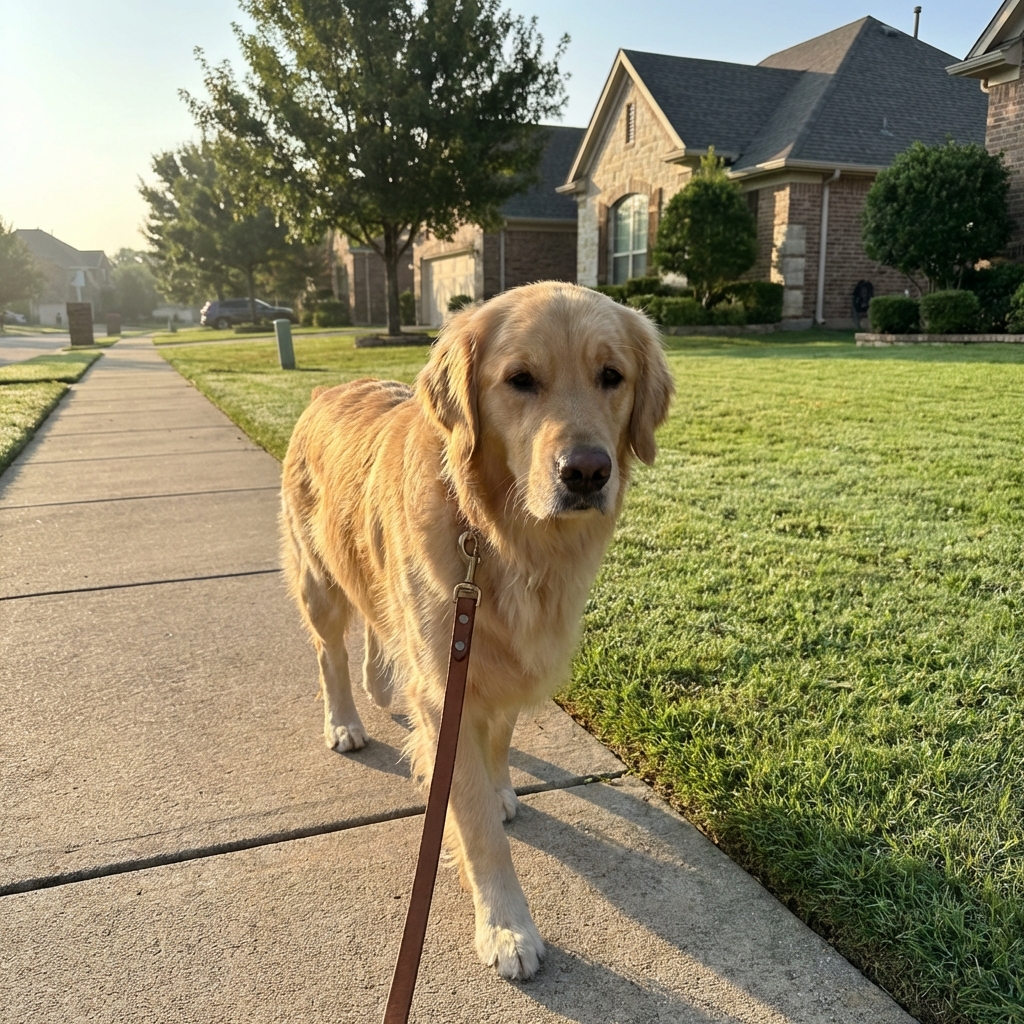 A dog on a leash walking calmly on a suburban sidewalk in early morning light