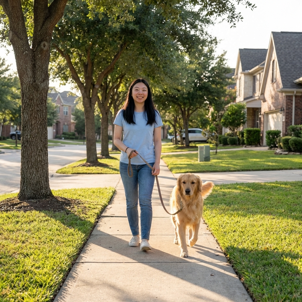 A dog on a leash walking calmly with its owner on a quiet suburban sidewalk