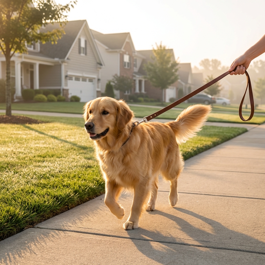 A dog on a leash walking on a neighborhood sidewalk in early morning light