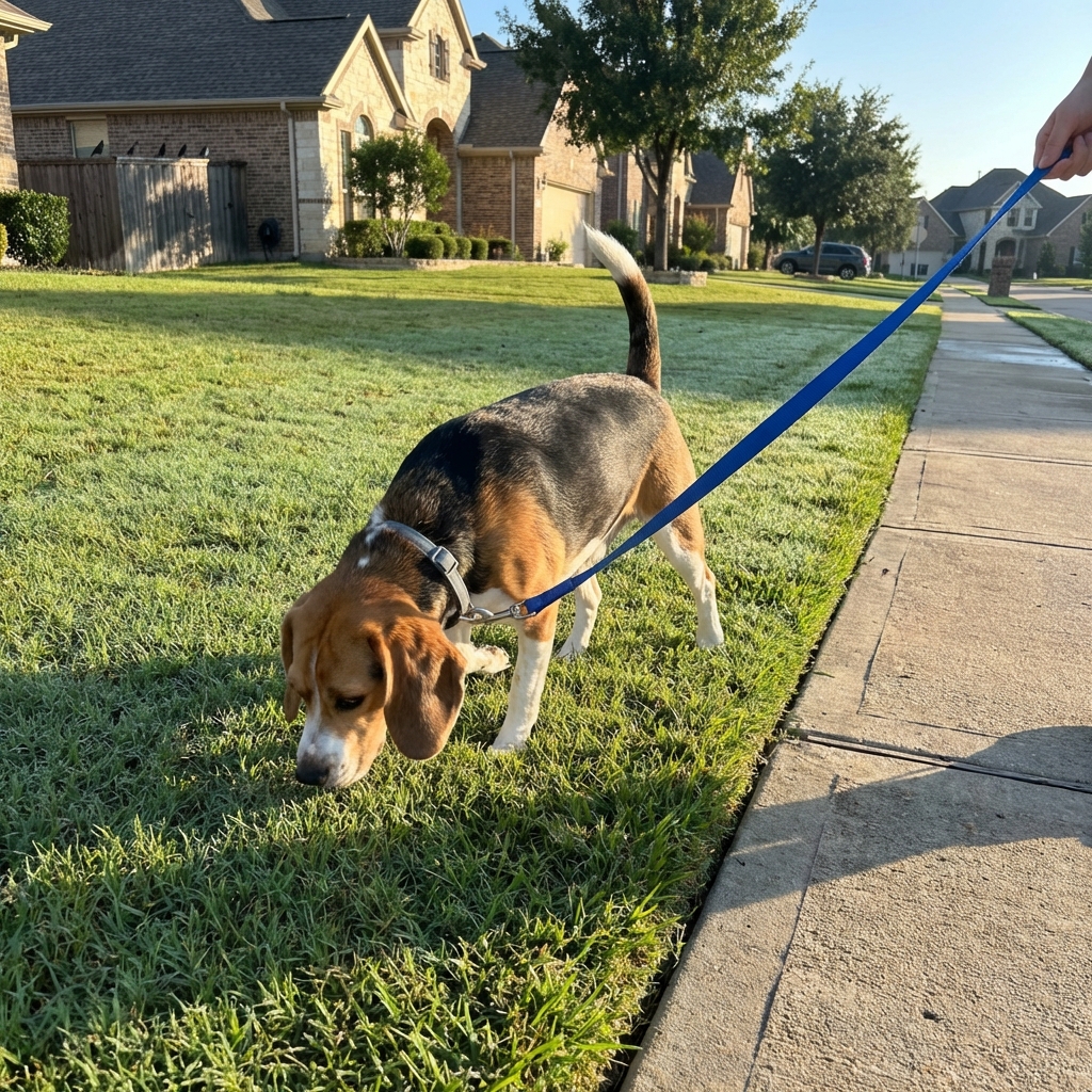 A dog on a leash walking on grass near a sidewalk during a morning potty break