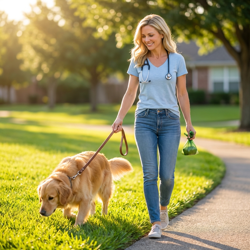 A dog on a leash walking past a sunny patch of grass while the owner holds a waste bag