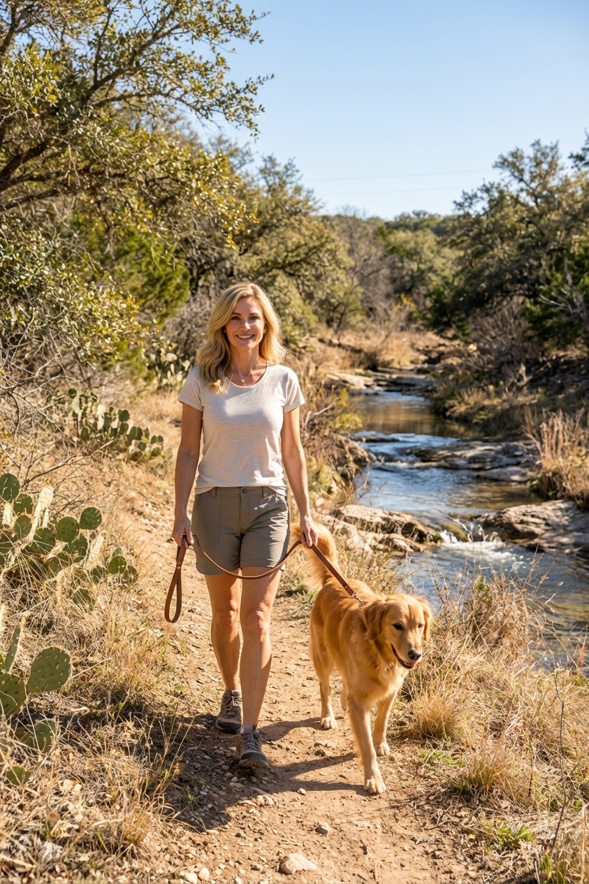 A dog on a leash walking with its owner along a brushy creek bank in Texas on a warm day, realistic photography style