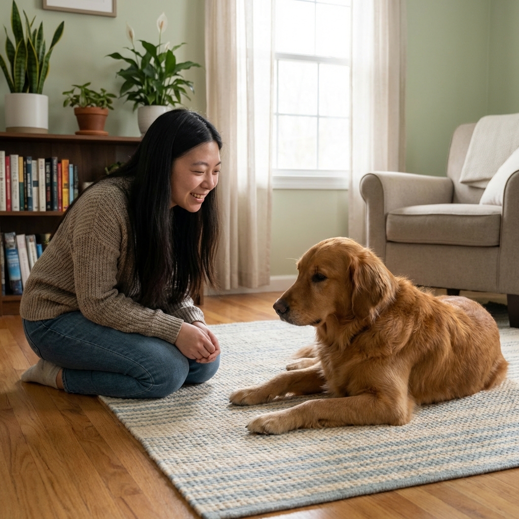 A dog on a non-slip rug with a person kneeling nearby in a quiet room