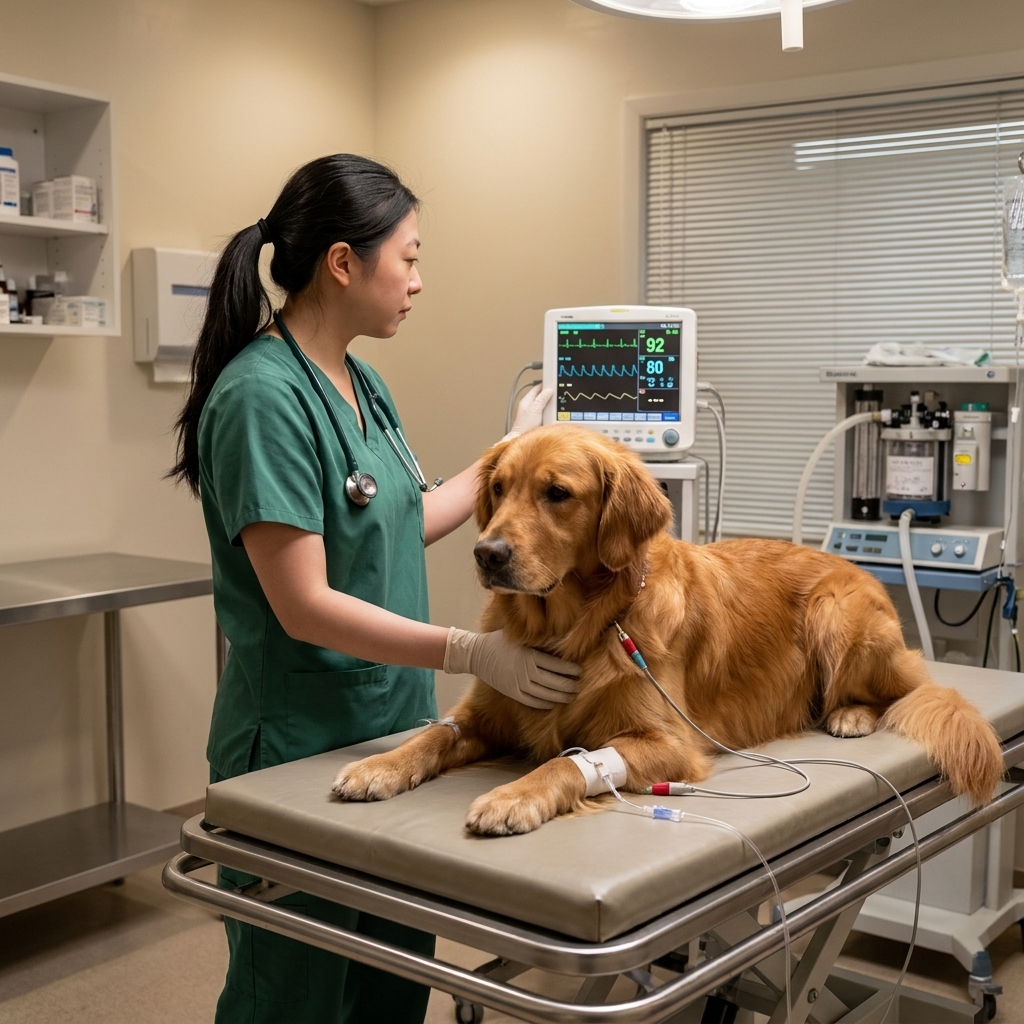 A dog on a padded gurney being monitored by veterinary staff in an emergency clinic setting with calm lighting