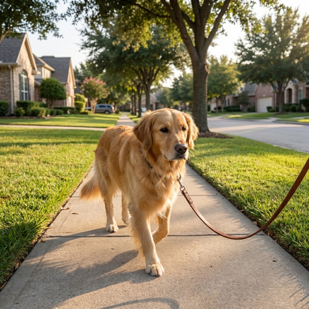 A dog on a short leash walking slowly on a quiet neighborhood sidewalk
