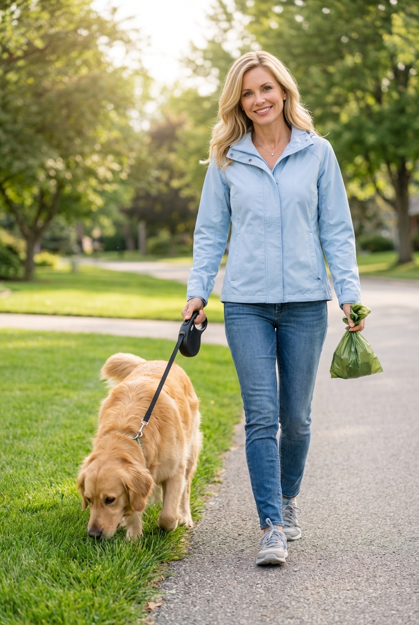 A dog on a short walk near grass while the owner holds a waste bag