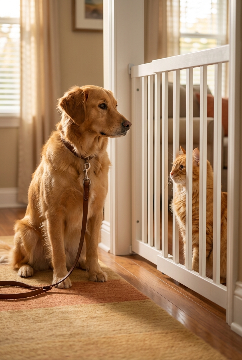A dog on leash sitting several feet back from a baby gate while a cat watches from the other side