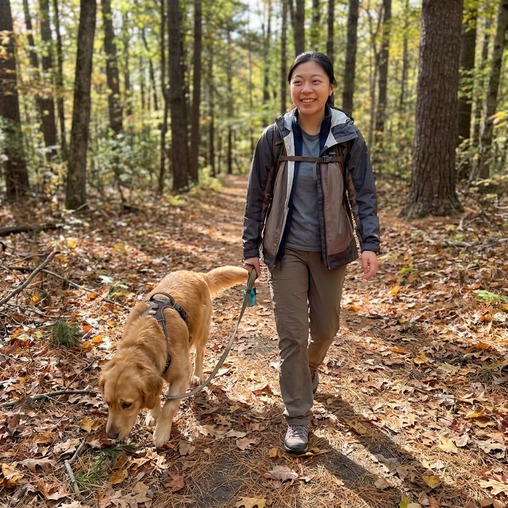 A dog on leash walking along a wooded trail with leaf litter where ticks could be present, realistic outdoor photo