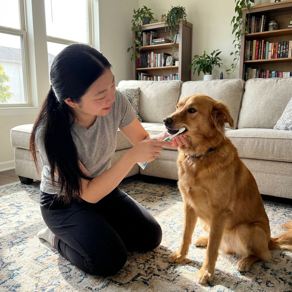 A dog owner brushing a medium-sized dog’s teeth in a bright living room
