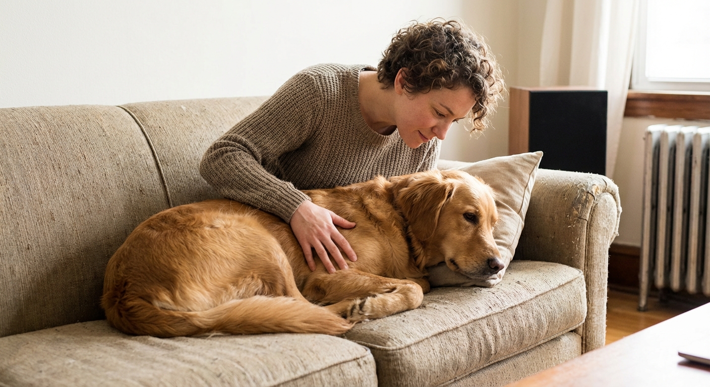 A dog owner calmly speaking to a medium-sized dog resting on a couch while observing their breathing