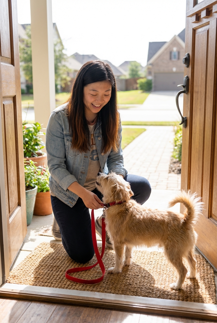 A dog owner clipping a leash onto a small female dog near a front door before a walk