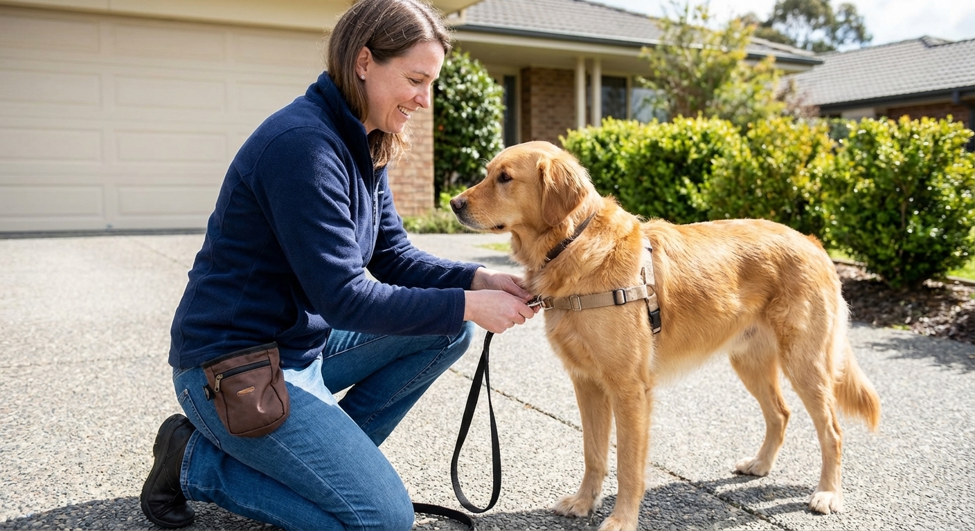 A dog owner clipping a leash to a well-fitted Y-front harness while wearing a treat pouch in a driveway before a walk, realistic photo