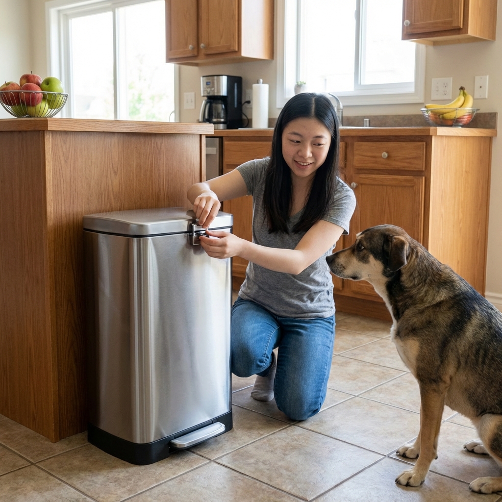 A dog owner closing a secure kitchen trash can while a curious dog watches