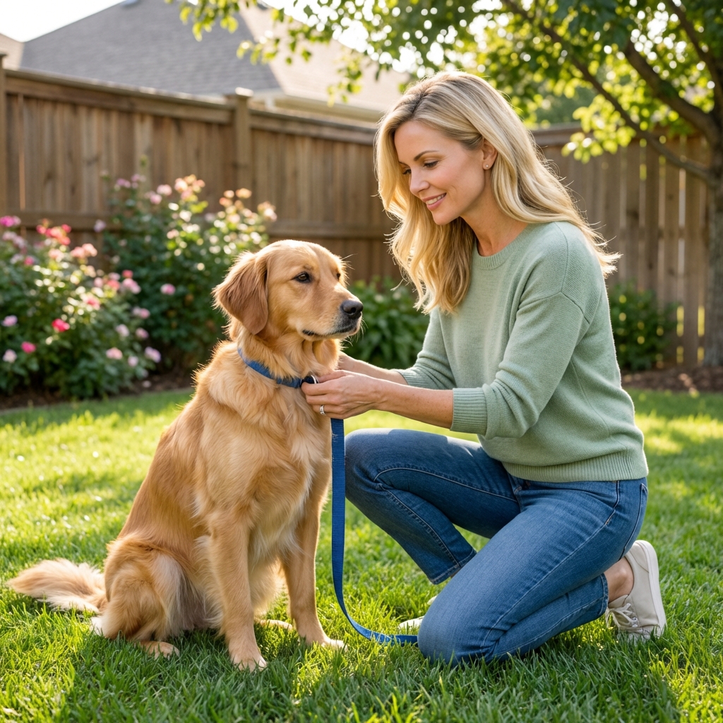 A dog owner gently attaching a leash to a female dog in a backyard