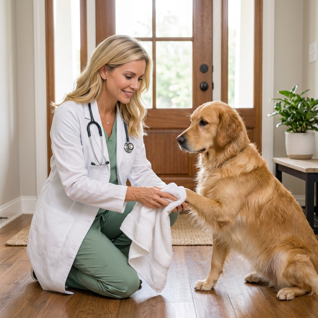 A dog owner gently drying a dog’s paws with a clean towel near the front door