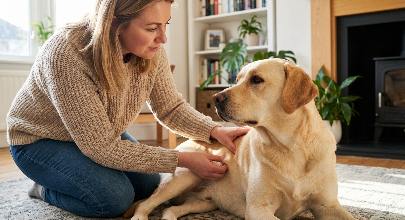 A dog owner gently lifting the skin on a Labrador Retriever’s side to feel a small movable lump at home, natural light photograph