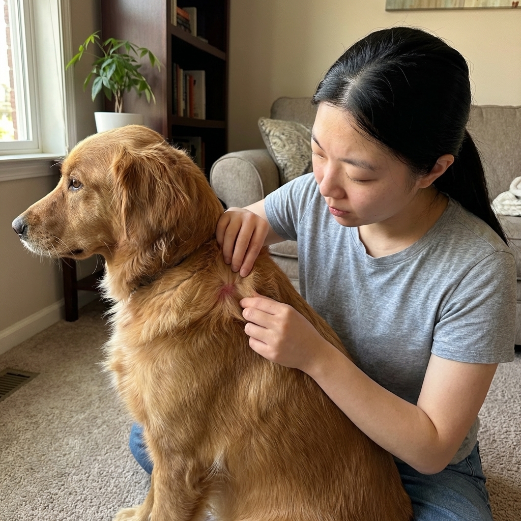 A dog owner gently parting a dog’s fur on the shoulder to check the skin for redness during a patch test at home