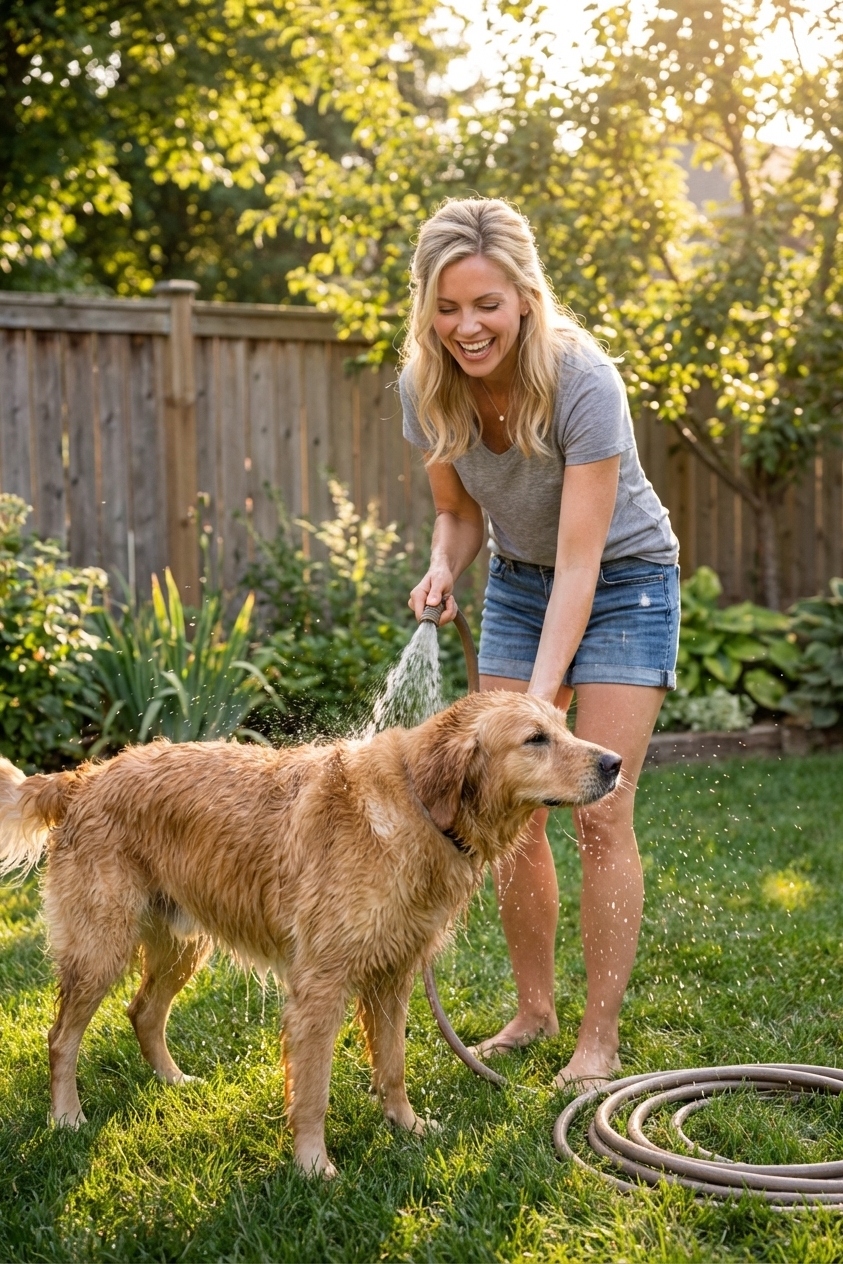 A dog owner gently rinsing a wet dog with a garden hose in a backyard after a lake day, focusing on washing off the coat, real photograph style