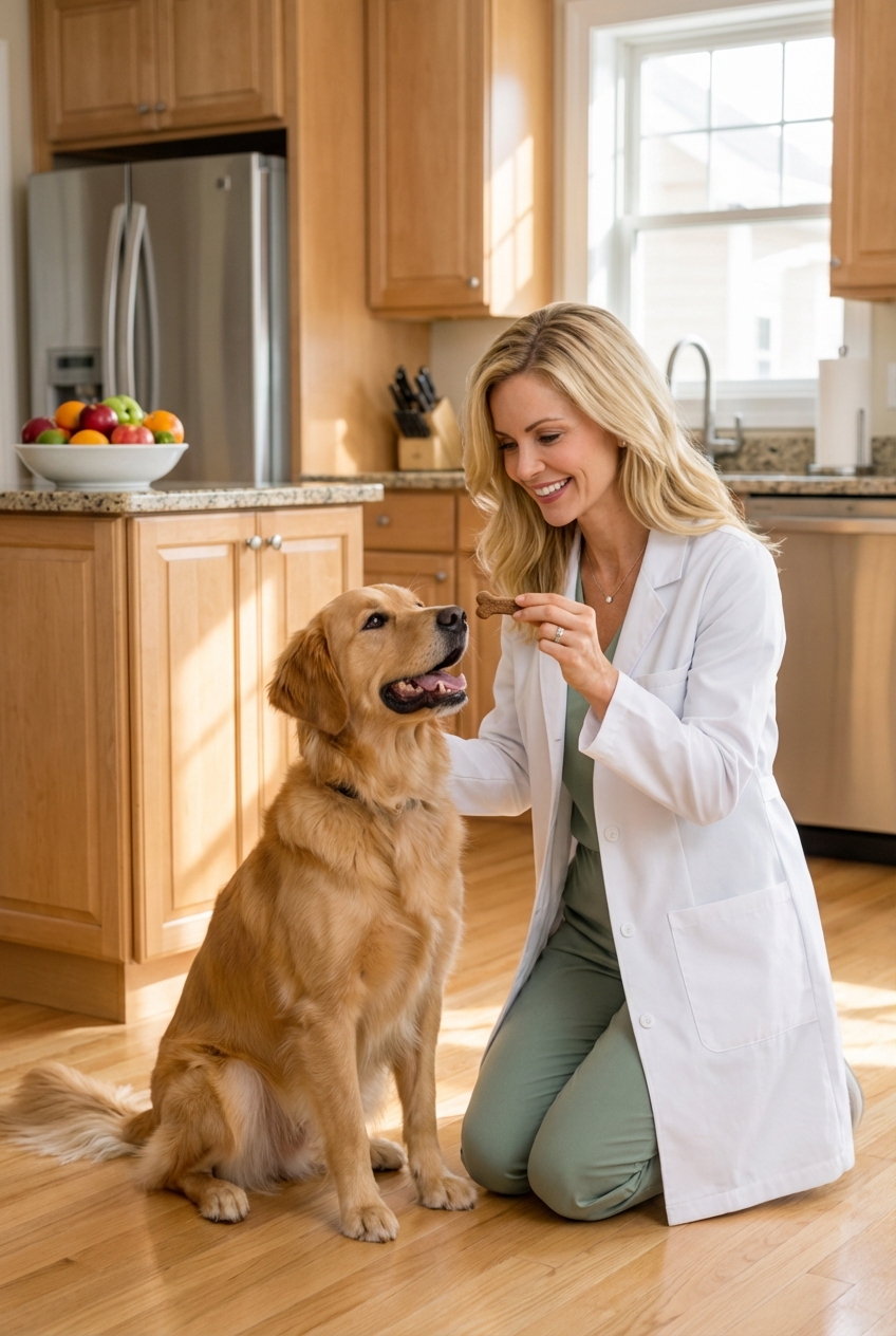 A dog owner giving a small chewable treat to a happy dog in a kitchen