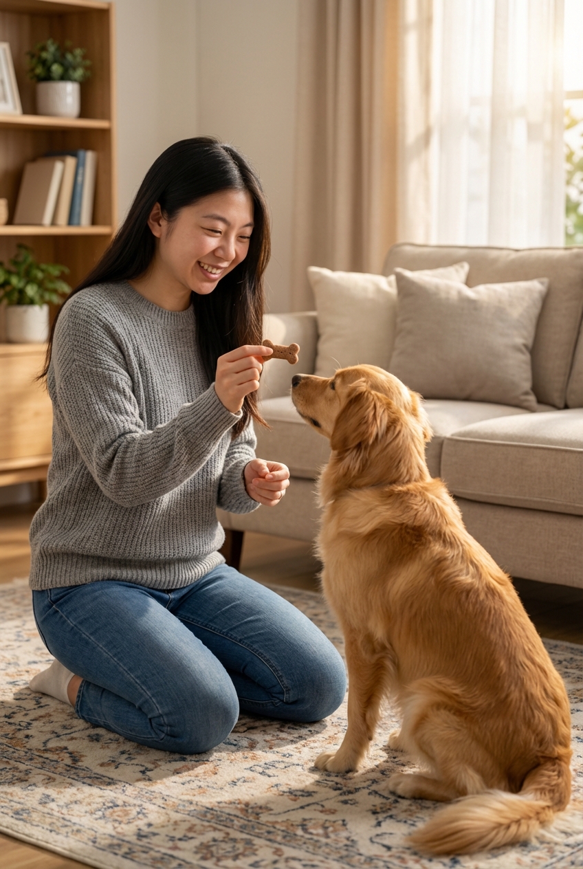 A dog owner giving a small tablet treat to a dog in a living room