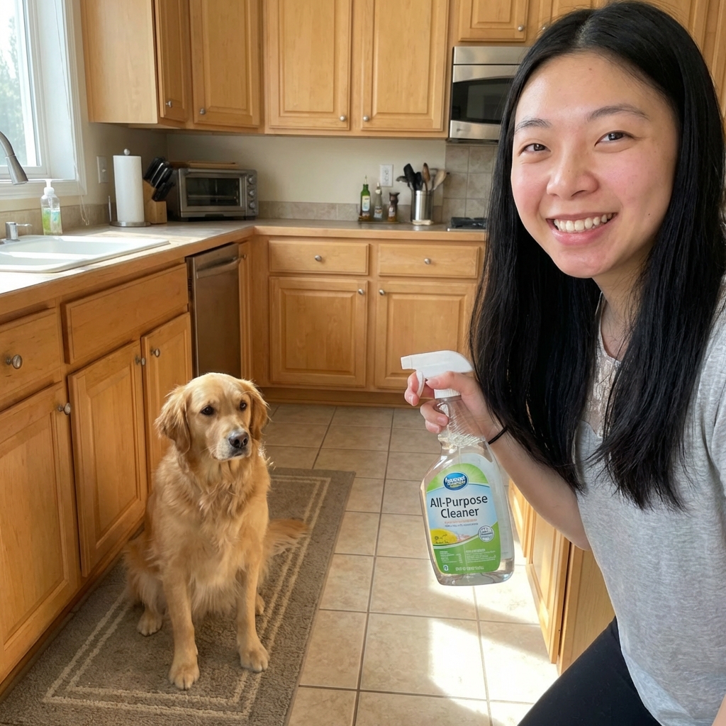 A dog owner holding a bottle of household cleaner while a dog watches from a safe distance