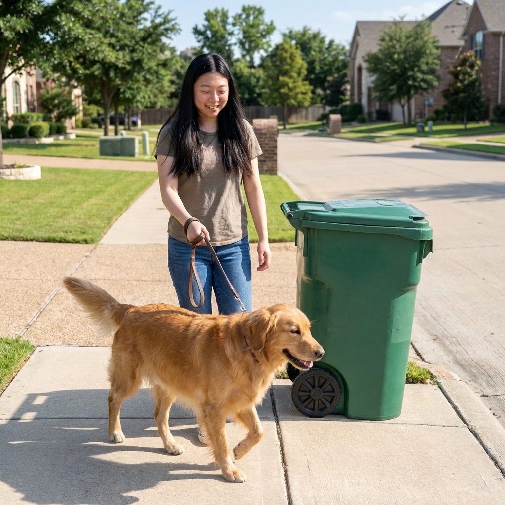 A dog owner holding a leash and walking a dog past a closed trash can in a suburban neighborhood
