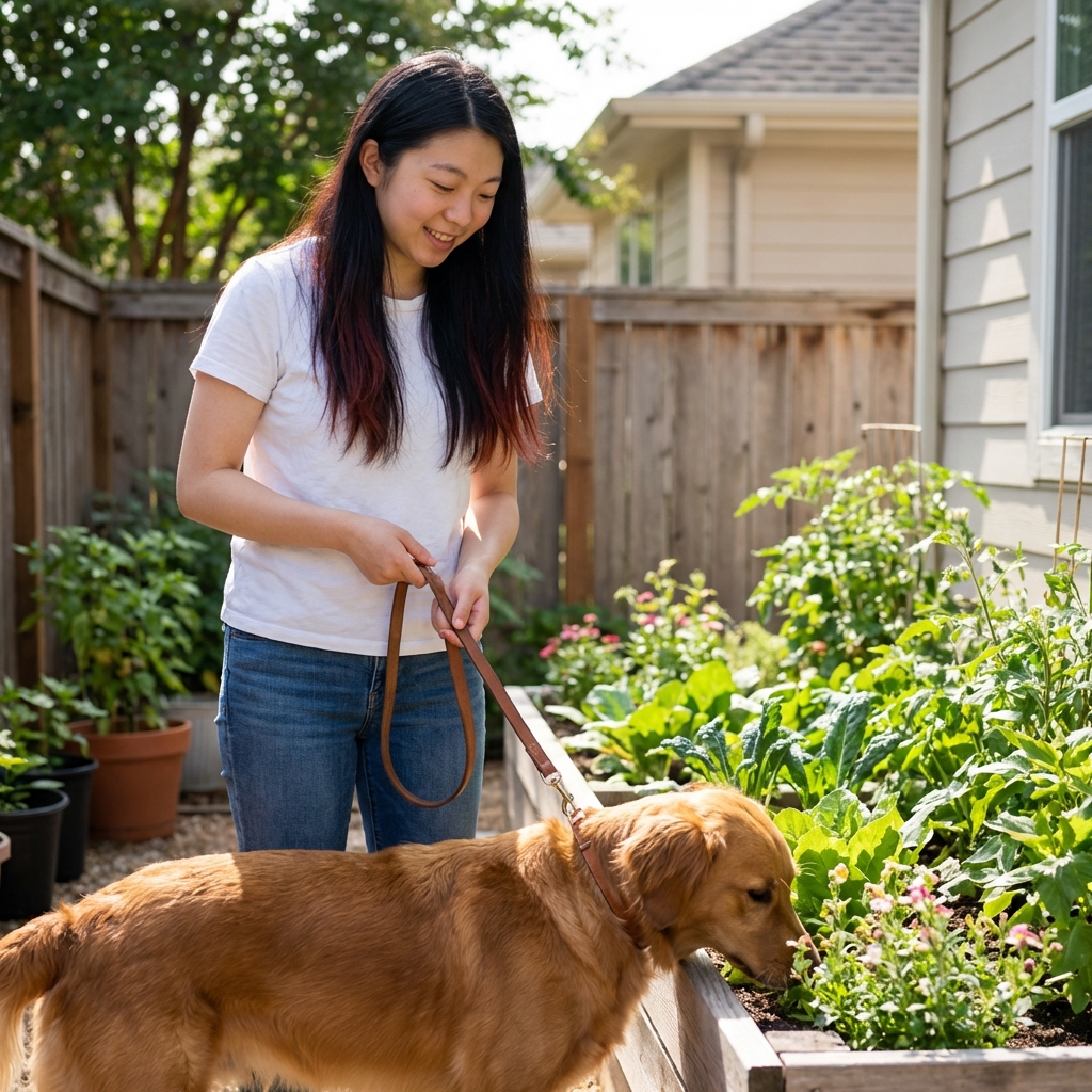 A dog owner holding a leash while the dog sniffs near a garden bed