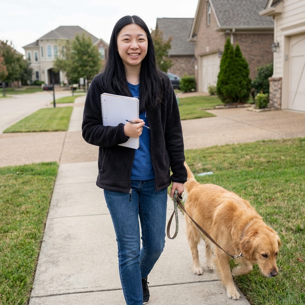 A dog owner holding a notebook while walking a dog on a suburban sidewalk