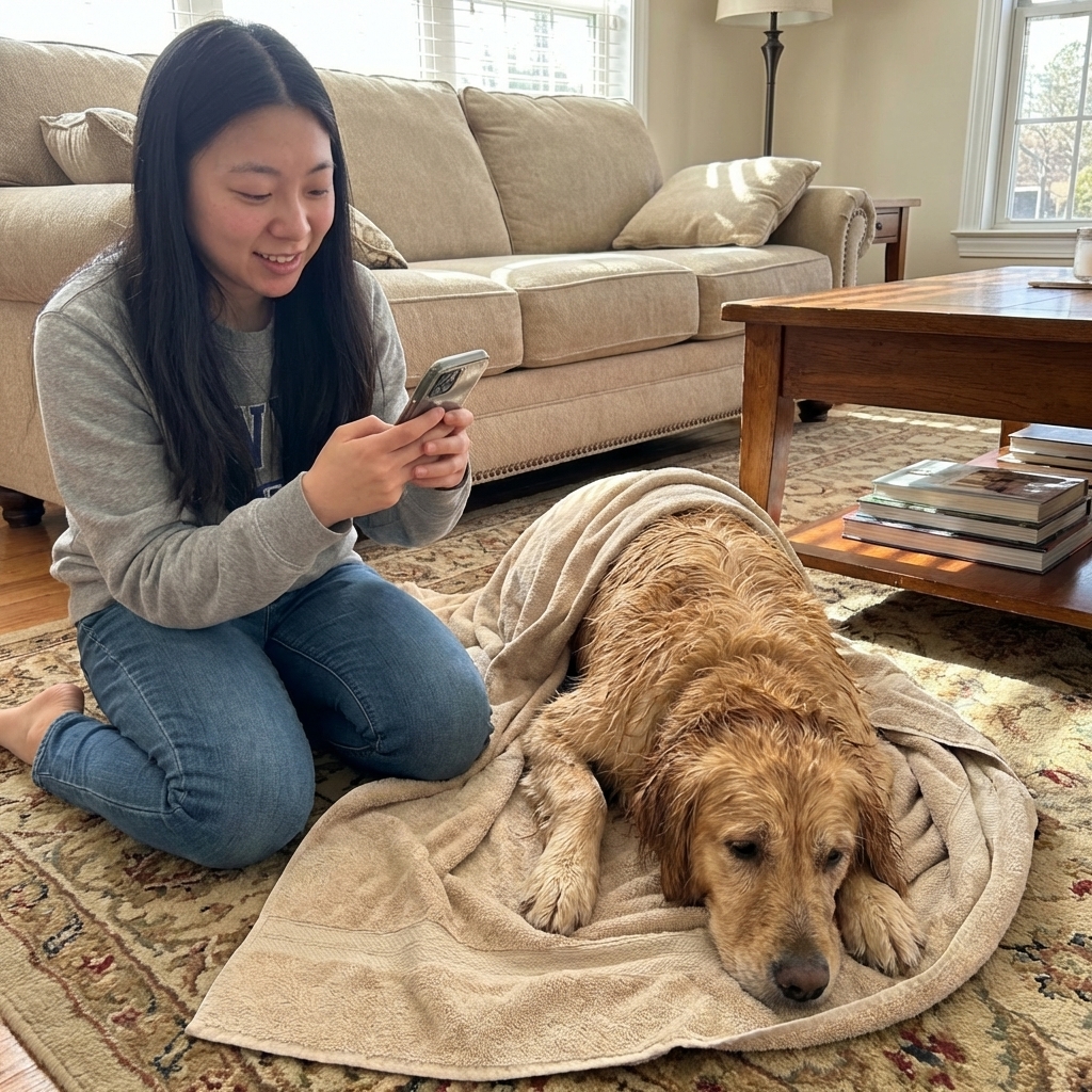 A dog owner holding a phone while kneeling next to a tired wet dog on a towel in a living room, realistic photo