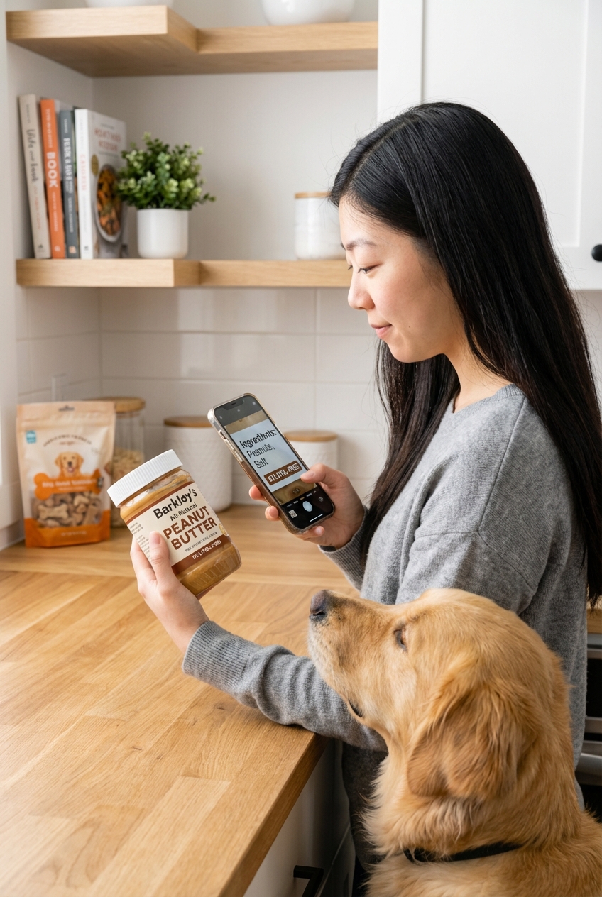 A dog owner holding a phone while looking at ingredient labels on a jar of peanut butter