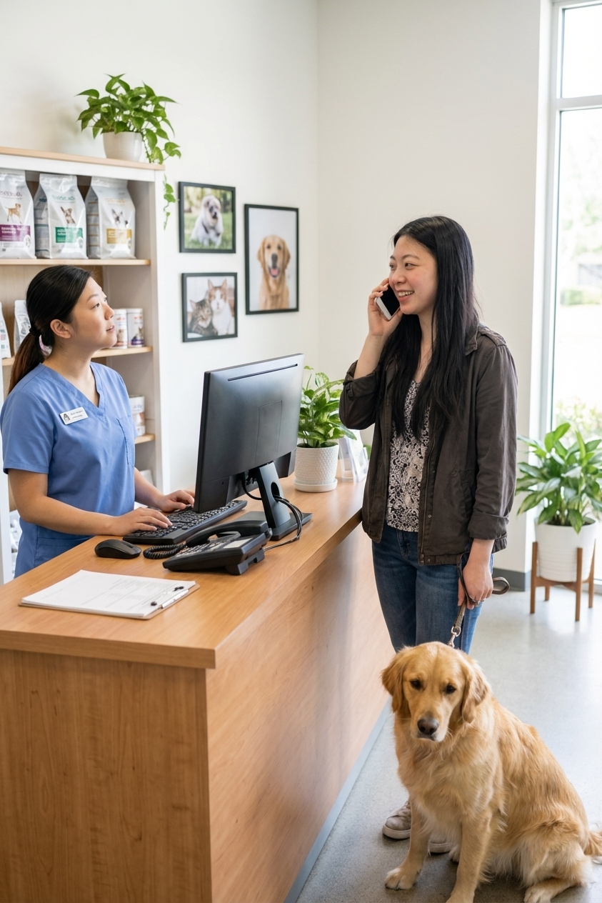 A dog owner holding a phone while speaking to a veterinary clinic receptionist