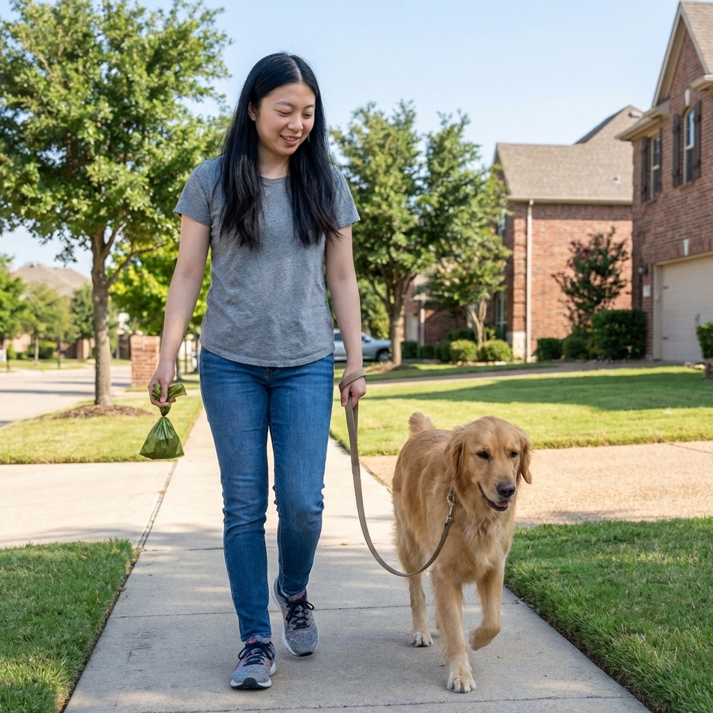 A dog owner holding a poop bag while walking a leashed dog on a suburban sidewalk in daylight, candid lifestyle photo