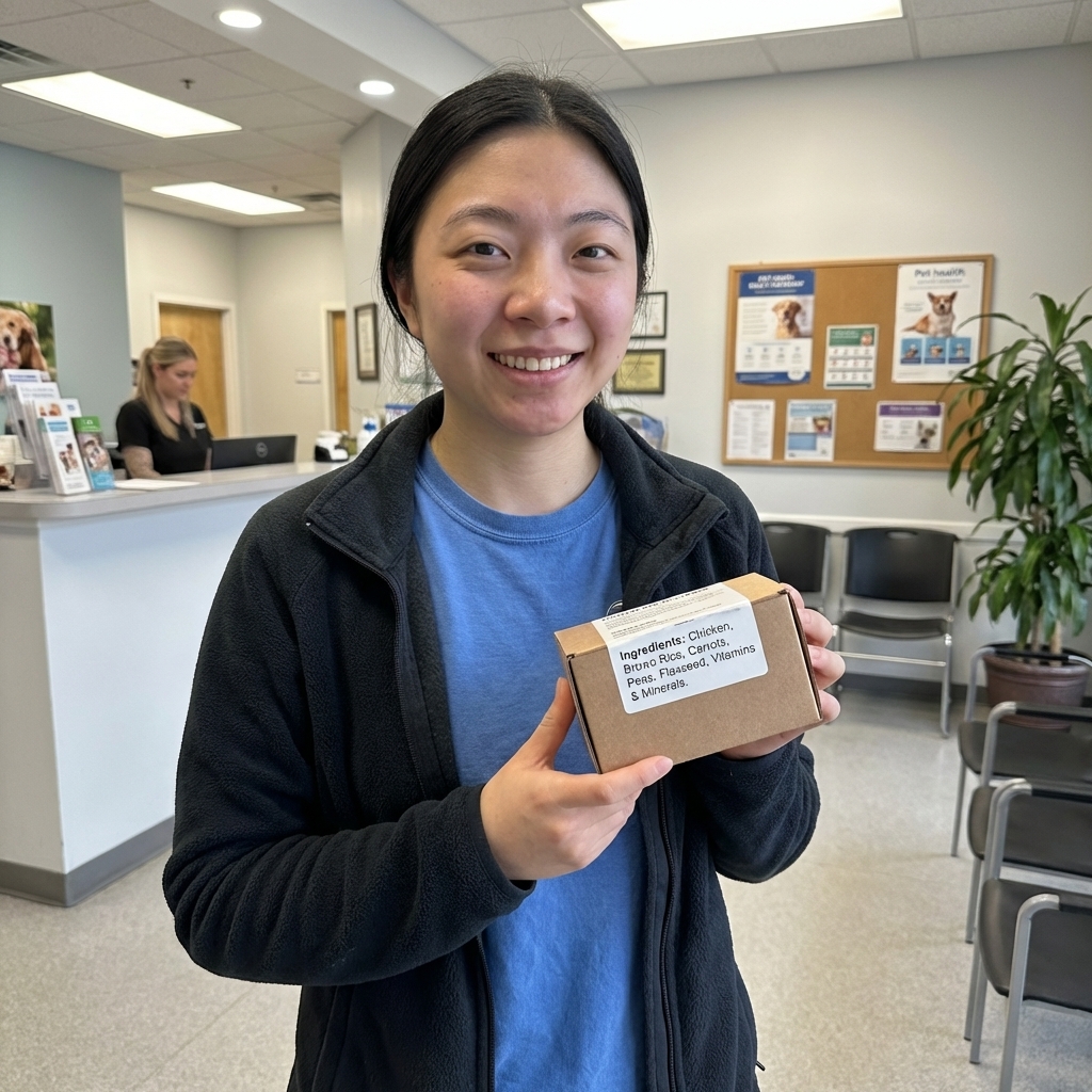 A dog owner holding a small product box with an ingredient label visible while standing in a veterinary clinic lobby, realistic photograph